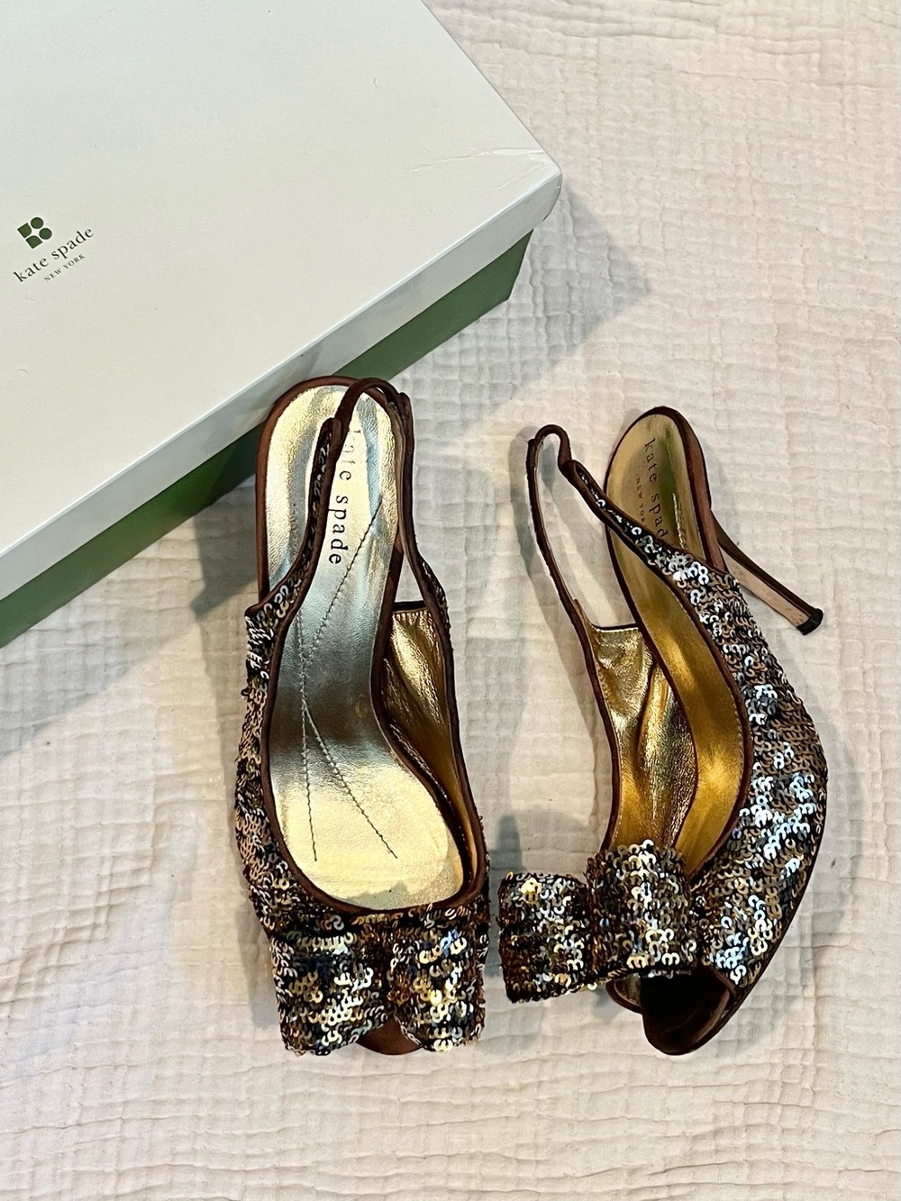 Kate Spade New York Gold Brown Sequin Bow Carly High Heels Open Toe Shoes 6